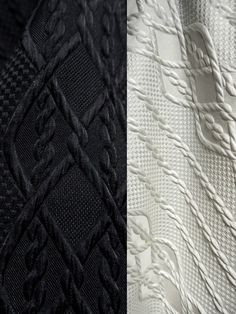 two different images of black and white knitted material, one with an intricate design on it