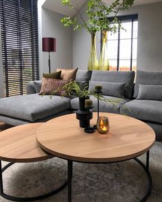 a living room with two couches and a coffee table in the middle of it