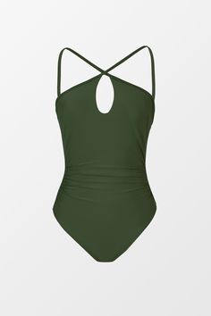 Dive into confidence with our Green Cutout Ruched Tummy Control One-Piece. Designed to flatter your figure with its strategic cutouts and ruched detailing, this swimsuit offers both style and support. Product code: DAA12E4E009RR Features:  Crisscross halter neckline Removable cups Medium bust support Adjustable cami straps Front cutout Back tie Tummy control Cheeky high-leg cut Modern bum Wash Method: Regular Wash Lining: 92%POLYESTER,8%SPANDEX Material: 82%NYLON,18%SPANDEX. Summer Swimwear With Ruched Back For Pool, Vacation Ruched Backless Swimwear, Solid Cutout One Piece Swimsuit For Pool, Ruched One-piece Swimming Bodysuit, Sleeveless Solid Swimwear With Ruched Back, Solid Color Cutout Swimwear For Pool, One-piece Ruched Bodysuit For Swimming, Ruched Backless Swimwear For Pool, Solid One-piece Swimwear With Ruched Back