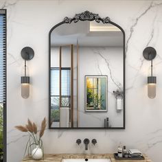 a bathroom with a marble counter top and wall mounted mirror above it, along with two lights on either side of the sink