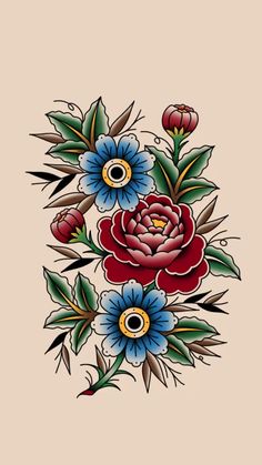 an old school tattoo design with flowers and leaves on the side of a beige background