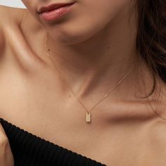 Willow tag Initial Necklace - 14K Solid Gold Everyday Necklace With Delicate Chain And Rectangular Pendant, Everyday Rectangular Pendant Necklace With Delicate Chain, Dainty Everyday Necklace With Rectangular Pendant, Delicate Everyday Necklace With Rectangular Pendant, Minimalist 14k Gold Pendant Chain Necklace, Fine Jewelry Everyday Rectangular Pendant, Everyday Fine Jewelry With Rectangular Pendant, Delicate Rectangular Pendant Necklace For Everyday, Elegant Tarnish-resistant Charm Necklace With Rectangular Pendant