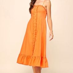 Sleeveless Ruffle Linen Midi Dress In Orange Brunch Midi Sundress With Ruffle Hem, Orange Ruffled Midi Dress For Vacation, Sundress Midi Dress With Ruffled Straps And Ruffle Hem, Sundress Midi Dress With Ruffle Hem And Straps, Summer Sleeveless Midi Dress With Ruffles, Sundress With Ruffles For Brunch, Strapless Ruffled Sleeveless Dress For Vacation, Orange Ruffled Sundress Maxi Dress, Summer Sundress With Ruffles For Date Night