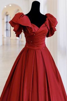 Red Ball Gown with Bell Sleeves and Lace UP Back – Dressesforparty Elegant Vintage Dresses Red, Red Prom Ball Gown Dress, Prom Season Dresses With Pleated Bodice For Banquet, Elegant V-neck Corset Dress With Fitted Bodice, Pleated Bodice Dress For Banquet And Prom Season, Pleated Bodice Dress For Banquet During Prom Season, Pleated Bodice Dress For Prom Season Banquet, Pleated Bodice Dress For Prom Banquet, Knee-length Evening Dress With Ruffles For Wedding