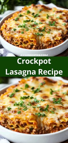 two images of crockpot lasagna with cheese and parsley on top