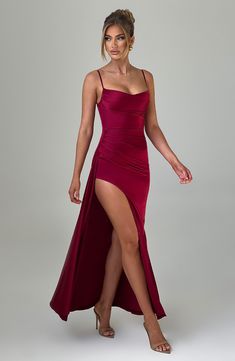 All eyes on you in Winona, the only design to dress you for every event this season. Crafted from our luxe stretch satin with a beautiful shine, this maxi hugs your figure for the silhouette of dreams. It's complete with a flattering cowl neckline, asymmetric detail to the body and a draped thigh high split to show a little bit of leg. 



Colour: Burgundy.

Premium stretch satin.

Fully lined.

Cowl neckline.

Asymmetric pleats to body. 
Drape detail thigh high split.

Adjustable shoulder strap Homecoming Dresses Corset, White Dress Spring, Midi Dress Wedding Guest, Long Sleeve Homecoming Dresses, Dresses Flowy, Split Long Dress, Homecoming Dresses Long, Maxi Dress Sale, Sparkle Dress