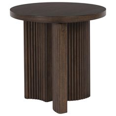 a round wooden table with two columns on the top