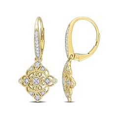 With romantic vintage-inspired details, these diamond lace drop earrings complement your sweet style. Crafted in warm 10K gold Each drop showcases intricate milgrain-detailed ribbons scrolling along an open-worked kite-shaped design. Diamonds dot the look and shimmer along the milgrain-bordered ear wire. These 1/5 ct. t.w. diamond earrings secure with lever backs. Wedding Diamond Earrings With Filigree Detail, Wedding Diamond Earrings With Filigree, Wedding Diamond Filigree Earrings, Wedding Filigree Diamond Earrings, Fine Jewelry Diamond Earrings With Filigree, Fine Jewelry Diamond Filigree Earrings, Gift Diamond Filigree Earrings, Intricate Design Diamond Earrings In White Gold, White Gold Diamond Earrings With Intricate Design