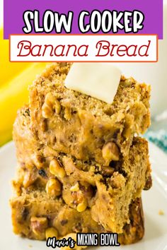 banana bread is stacked on top of each other with a bite taken out of it