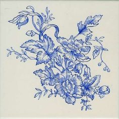 a blue and white drawing of flowers on a tile wall, with leaves in the background