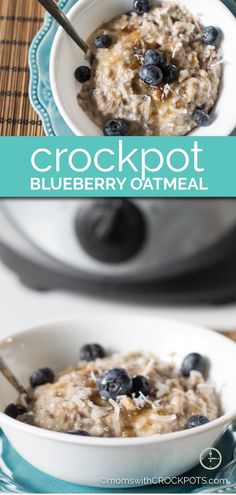 blueberry oatmeal in a white bowl with spoon