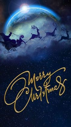 a merry christmas card with santa and his sleigh flying through the night sky