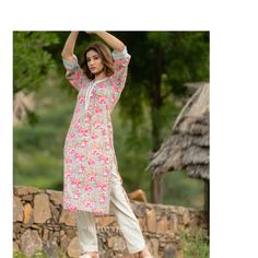 Flower Printed Straight Kurti with Pant Set, Cotton Salwar kameez, Handblock Print Partywear Suit, Women Ethnic Dress, Two Piece Set Fabric - Pure Cotton  Item Contain - Kurta with Pant Work - Floral Print with Embroidery Sleeves - 3/4 Sleeves  Neck - V Shape Color - Red and White  Size - 34 (XS), 36(S), 38(M), 40(L), 42(XL), 44(2XL) Additional Information : Fully Stitched Kurta and Pant with Double Side Pocket, Hand Washable  Size chart attached in images mentions garment measurements in inches Designer Bohemian Kurta With Floral Print, Multicolor Designer Kurta For Summer, Traditional Floral Print Sharara For Spring, Traditional Pink Pant Set For Spring, Designer Lawn Suit With Floral Print For Navratri, Floral Print Straight Kurta For Eid, Pink Straight Kurta Pant Set For Designer Wear, Pink Floral Print Straight Kurta Traditional Wear, Traditional Pink Floral Print Kurta