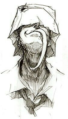 a drawing of a man with his mouth open and wearing a hat over his head