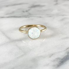 Opal Thick Gemstone Ring - ONE RING (Rose Gold Sterling Silver Alternative Engagement Birthstone Wed White Opal Stackable Rings As Gift, Minimalist Opal Ring With Bezel Setting As Gift, White Opal Stackable Rings Gift, Adjustable Round Crystal Ring With Stone Setting, White Stackable Opal Jewelry, Gold Opal Stackable Jewelry, White Stackable Round Jewelry, Modern Adjustable Crystal Ring, Modern Adjustable Round Crystal Ring