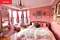 a bedroom with pink walls and white fur on the bed, chandelier hanging from the ceiling