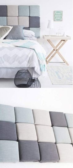 the bed is made up with different colored sheets