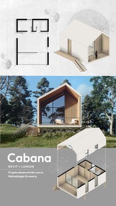 three different views of an open air house with the words cabana written below it