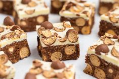 there are many brownies with white frosting and chocolate chips on top that have been cut into squares