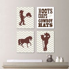 three brown and white wall art pieces with cowboy silhouettes