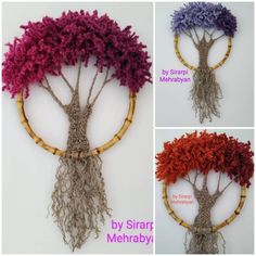 three different types of yarn tree hanging from bamboo hoop with text overlay that says, by slarf mehrabyy