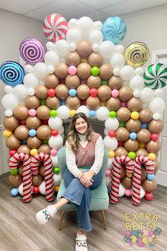 A gingerbread house made of balloons including balloon candy canes, balloon candies, and more. Arch Balloon Garland, Arch Balloon, Gingerbread House Parties, Balloon House, Christmas Party Photo, Party Photo Backdrop, Gingerbread Christmas Decor