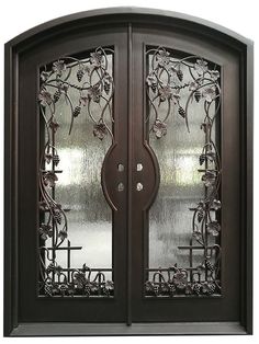 an ornate double door with glass panels and wrought iron work on the sides, is shown