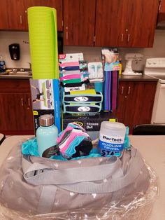 a bag filled with personal care items sitting on top of a counter