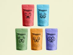 six different flavors of waggers on a white background