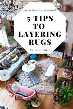 a living room filled with lots of furniture and rugs on top of a wooden floor