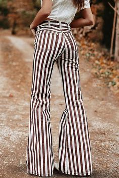 Retro Striped Print Flared Trousers – castellbus Chic Brown Wide Leg Flare Jeans, Retro Cotton Bottoms For Fall, Retro Wide Leg Bottoms For Fall, Trendy Summer Cotton Flares, Trendy Stretch Cotton Flares, High-waisted Cotton Flare Jeans For Fall, Cotton High-waisted Flare Jeans For Fall, Trendy Brown Wide Leg Flare Jeans, Trendy Non-stretch Wide Leg Flares