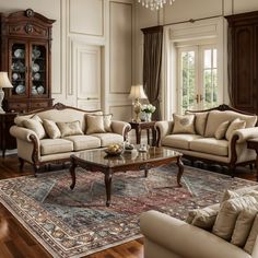 a living room filled with furniture and a chandelier