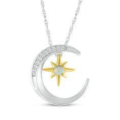 Speak to her whimsical side with this sparkling celestial moon and star necklace. Sterling silver Shimmering white lab-created sapphires partially line the crescent moon pendant A dangling 10K yellow gold star shines with a dreamy round-cut lab-created opal 18-inch rope chain with spring ring clasp Celestial Moon Shaped Birthstone Jewelry, Celestial Crescent Jewelry With Birthstone, Celestial Moon-shaped Birthstone Jewelry, White Moon-shaped Celestial Jewelry, White Round Celestial Jewelry, White Moon Shaped Celestial Jewelry, White Celestial Moon Jewelry, White Celestial Jewelry, Celestial Style Birthstone Jewelry