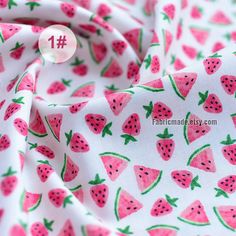 "This fabric is a nice cotton fabric, red strawberry, watermelon polka dots printing, 4 styles. * Fabric: 100% cotton, 20S, 60X60, digital print, medium weight, 220g/yard. * Width 57 inch (145cm), listed for 18\"X57\" (45cm x 145cm). If you need one yard, I will ship 90cm X145cm. * Listing for 1/2 yard(45cm) length, 2 units for one yard (90cm), 3 units for 1.5 yards(135cm)... in one piece. Each fabric additional yardage will be cut in one continuous piece. * Suit for bag, clothing, summer dress, Printed Cotton Fabric For Summer, Summer Cotton Fabric With Pattern Prints, Summer Green Cotton Patterns, White Cotton Fabric For Summer, White Cotton Summer Fabric, Summer Strawberry Print Bag For Daily Use, Watermelon Fabric Ideas, Pink Cotton Dress With Strawberry Print, Watermelon Pattern Design