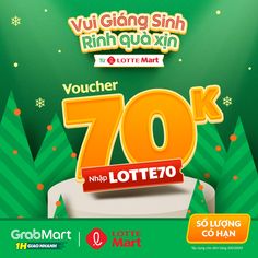 an advertisement for the 70k lotte70 holiday sale in thailand, with green trees and snowflakes