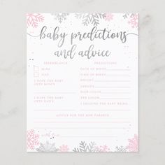 a pink and silver baby shower game with snowflakes on it, in front of a marble background