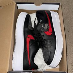 Worn Once For A Few Hours, Very Clean Nike Air Force 1 Low-top Red Sole For Streetwear, Nike Air Force 1 With Red Sole For Streetwear, Casual Black Custom Sneakers With Air Max Cushioning, Black Custom Sneakers With Red Sole, Custom Black Casual Sneakers With Red Sole, Casual Black Custom Sneakers With Red Sole, Nike Black, Air Force 1, Black Nikes