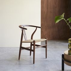 a wooden chair next to a potted plant in a room with concrete flooring