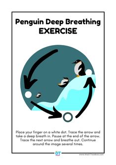 penguin deep breathing exercise poster with an arrow pointing to the ground and penguins flying around