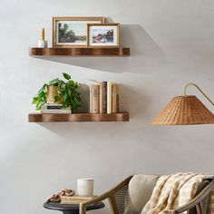 two wooden shelves with books and plants on them