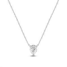 Add instant glamour to your daily wear with this pear solitaire necklace. The white gold pendant features a stylized three-prong basket securing pear-cut diamond that points downwards. This necklace delivers a subtle sparkle that can go from office to evening wear with ease. Solitaire Necklace, White Gold Pendant, Pear Cut Diamond, Solitaire Necklaces, Pear Cut, Lab Created Diamonds, Evening Wear, Gold Pendant, The White