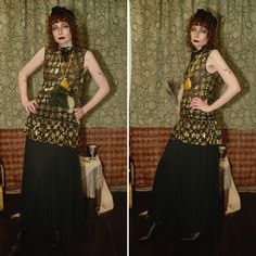 "Rare 1970's Gina Fratini, Risqué 1920's Flapper Style Maxi Dress  Sheer chiffon top with gold tinsel floral design and black chiffon skirt with an acetate lining, features a drop waist and a pie crust collar with velvet ribbon detail. Condition - Good, however does have one small hole / tear at the hem of the back of the dress - not noticeable with wear Measurements: 38\" Bust Loose waist  37\" Hips 56\" Length Model Measurements: 32\" Bust, 26\" Waist, 36\" Hip & 5ft 8.5\" Height Please Remember: You are buying a vintage garment with age, these pieces have been lived and danced in so will show signs of wear. Any notable flaws will be mentioned in the description so please read this thoroughly before purchasing and check measurements against your own. Returns / Exchanges: We do not accept Black Chiffon Skirt, 1920's Flapper, 1920's Style, 1920s Style, Style Art Deco, Love Potion, Flapper Style, Black Chiffon, 1920s Fashion