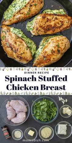 spinach stuffed chicken breast in a skillet with other ingredients on the counter top