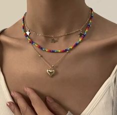 Rainbow Heart Necklace - Froppin Bohemian Punk, Small Mushroom, Charm Choker Necklace, Pearl Chain Necklace, Heart Choker, Choker Necklace Set, Pearl Choker Necklace, Flower Pendant Necklace, Geometric Necklace