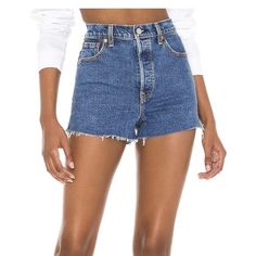 Levi’s High Waisted Denim Shorts In Medium Wash Nwt Long Jean Shorts, Levi's Ribcage, Levis Ribcage, Levis Denim Shorts, High Waisted Denim Shorts, Patterned Jeans, Denim Cutoff Shorts, Long Jeans, Denim Cutoffs