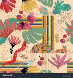 an abstract floral pattern with birds and flowers