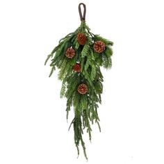 evergreen and pine cones hanging from a brown ribbon