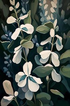 a painting of white flowers with green leaves