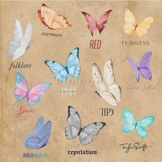 the butterflies are all different colors and sizes on this piece of paper with words written in them