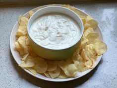 a white plate topped with chips and dip